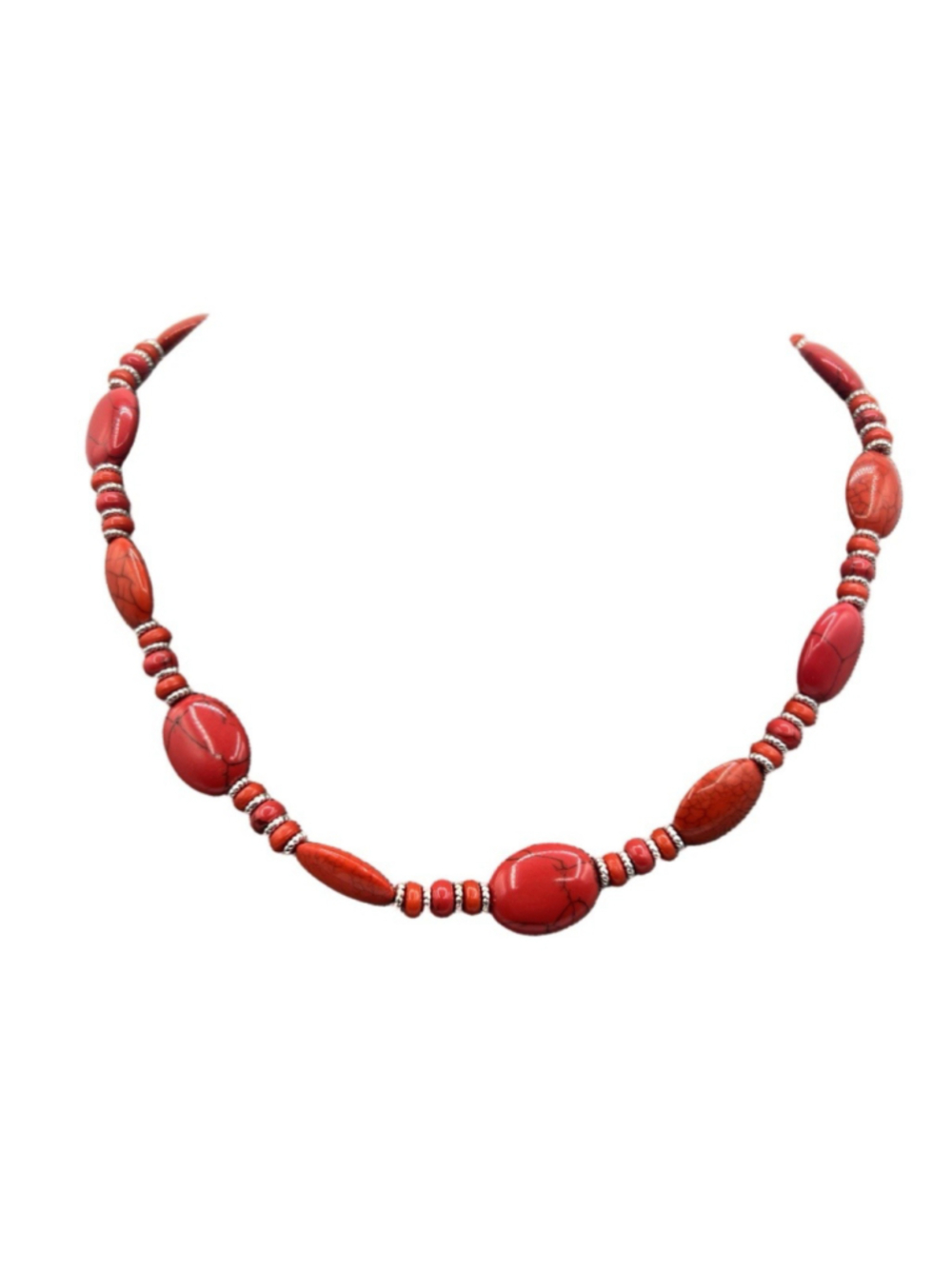 Red Coral Necklace Graduated Oval Beads Small Silver Spacers Vintage Retro